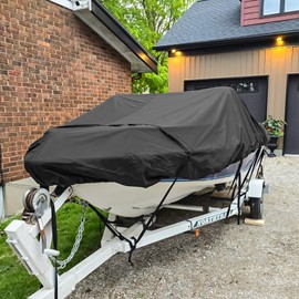 Kipiea Trailerable Boat Cover - 17'-19', Heavy Duty, Double PU Waterproof, Reinforced Windproof Straps, Fits V-Hull, Fish & Ski, Pro-Style, Fishing, Bass Boats - Black, 17'-19' Long X 96" Wide