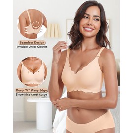 HORISUN Wireless Seamless Bras for Women No Underwire Wavy V Neck Soft Support Full Coverage Comfortable Bra (Nude,3XL)