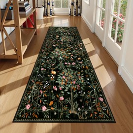 Morebes Floral Washable Runner Rug 2x8 Non Slip, Boho Flower Hallway Runner, Botanical Birds Indoor Ultra-Thin Soft Floor Carpet Runners for Kitchen Laundry Bath Room Entrance, Black