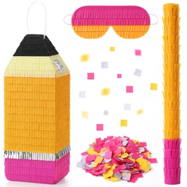 JolliLudo Pencil Piñata Set, Back to School Piñata 16.5 x 6.9 Inch with Blindfold Stick and Confetti, 3-color Fringe Pencil Party Decoration for First Day of School Birthday Classroom Party Supplies