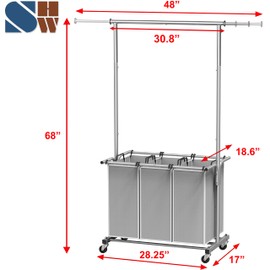 Simple Houseware 3 Bags Laundry Sorter with Extensible Clothes Hanging Rod