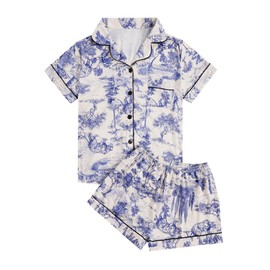 Floerns Women's Floral Pajamas Notch Collar Print Sleepwear Two Piece Pajama Set Dusty Blue