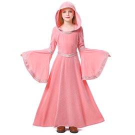DENCTORAM Girls Medieval Dress Renaissance Cosplay Costume Witch Gown Dress Hooded Retro Medieval Costumes Kids