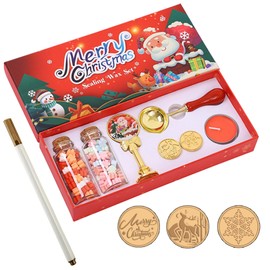 1 Pack Christmas Wax Seal Stamp Kit with Gift Box, Wax Seal Beads, 3 Wax Seal Stamp, Metallic Pen, Wax Seal Kit for Gift Wrapping, Envelope Sealing, Party Invitation (Red, Merry Christmas)