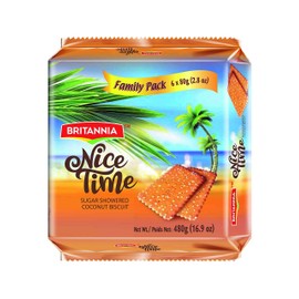 Britannia Nice Time 16.9oz (480g) - Delicious Coconut Biscuit Crunchy - Kids Favorite Breakfast & Tea Time Snacks (Pack of 6)