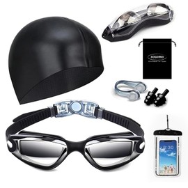 SOZOMO Kit de Natación 7 en 1,Gafas Ajustables con Protección UV, bolsa impermeable para teléfono, Bolsa de Natación,Gorro de Natación, Auriculares y Clips para la Nariz, para Hombres y Mujeres.