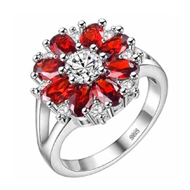 Uloveido Red Crystal Flower Rings for Women White Gold Plated Anniversary Wedding Birthday Jewellery Rings for Girls with Red Stone J676 (Red, O)