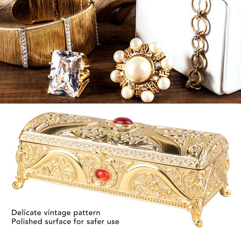 Vintage Metal Jewelry Box Rectangle Delicate Pattern Trinket Box with