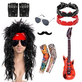 cnomg Rocker Costume for Men Punk Accessories Costume Including Disco Wig Headband Sunglasses Tattoo Sleeve Gloves Inflatable Guitar for 70s 80s 90s Punk Rock Party
