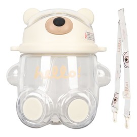 700ml Bear Water Bottle for Girls Kids with Straw Adjustable Strap Cartoon Kawaii Water Bottle for Shopping Hiking White