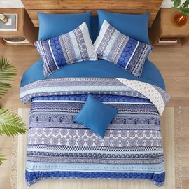 WONGS BEDDING Bohemian Double Duvet Cover Set Royal Blue Colorful Boho Striped Bedding Set with 2 Pillowcases Soft Microfiber Moroccan Quilt Cover 200x200cm