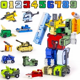 HRWTOYS 10 Pcs Number Robots Toy Set Transformation Blocks Creative Assembling Educational Action Figure Number Plane Ship Car Gift Toys for Children