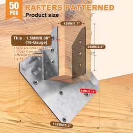 CNQLIS Hurricane Ties for Rafter, 50 Pack 16-Gauge Hurricane Straps, Heavy Duty Galvanized Rafter Hanger Brackets, for Roof Joist Hangers