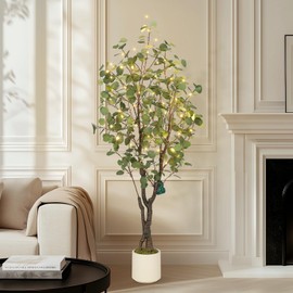 GarveeHome Artificial Eucalyptus Tree Indoor, 5ft Tall Fake Artificial Plant with White Planter，Large Faux Floor Plant Fake Silk Trees with 50 Lights Artificial Trees for Home Decor Indoor