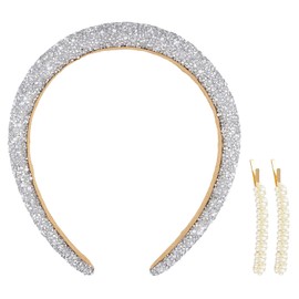 Dokpav Glitter Crystal Rhinestone Headband, Sparkly HeadWide Thick Hairbands with 2 Pearl Hair Clips, Girls Fashion Hair Accessories for Women Bridal Wedding Birthday Party Holiday Daily Use