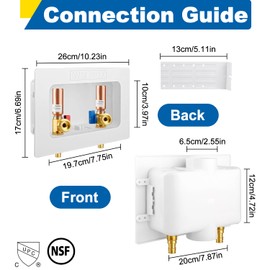 Washing Machine Outlet Box with Center Drain, 1/2" Pex-A F1960 Expansion Inlet x 3/4" MHT Outlet Connection with Hot and Cold 1/4-turn Shut-off Ball Valve and Copper Water Hammer Arrestor