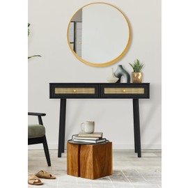 Loft & Luv Remy Boho Mid-Century Console Entryway Table with Natural Rattan with Storage Drawer and Open Shelf, Ebony Finish