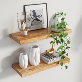 Fun Memories 24" Natural Wood Floating Shelves, 9.3" Deep Solid Elm Wood Shelves, Rustic Wall-Mounted Display Shelves with Invisible Heavy-Duty Metal Brackets, 2-Pack, Natural