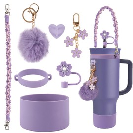Purple Accessories Set for Owala tumbler 24oz & 40oz - Comprehensive Kit with Silicone Boot, Straw Cover, Handle Strap,Cup Charms