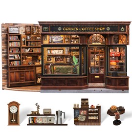 CUTEBEE Book Nook Kit - DIY Miniature House Coffee Shop Dollhouse Kit for Adults and Teens, Booknook Tiny House Bookshelf Decor 3D Wooden Puzzle, Gifts for Family, Friends (Corner Coffee Shop)