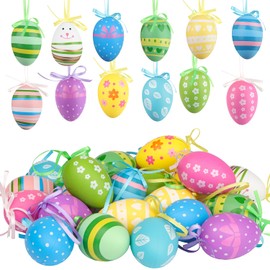 Jangostor 24 Pieces Painted Plastic Eggs, 6 cm Hanging Easter Egg Decorations with Different Style Dots Stripes Flowers for Tree School Home Office Party Supplies Easter Day Decoration