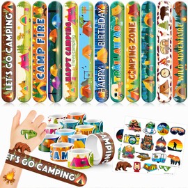 48 PCS Camping Party Favors 24PCS Tattoos Stickers 24PCS Slap Bracelets Wristbands Perfect for Themed Birthday Party Favors Baby Showers or Classroom Rewards Ideal Decor and Gifts for Girls and Boys