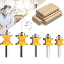 TAIWAIN 5PCS Router Bit Set Woodworking Cutter 1/4 Inch Shank, Half Round Bearing Bullnose Milling Door Cabinet Drawer Cutter Bits, Carbide Tipped Round Edge Cutting Ball Blade Radius 1/8" 3/16"