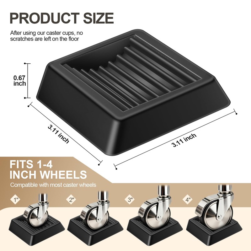 5-Piece 3 x 3- Inch Square Rubber Furniture Caster Cups,