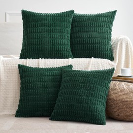 MIULEE Christmas Pack of 4 Dark Green Corduroy Decorative Throw Pillow Covers 18x18 Inch Soft Boho Striped Pillow Covers Modern Farmhouse Home Decor for Sofa Living Room Couch Bed