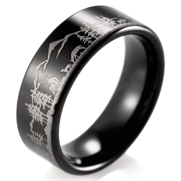 SHARDON Men's 8mm Black Tungsten Ring with Engraved Deers and