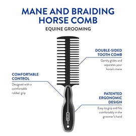 WAHL Professional Animal Mane & Tail Brush - Ergonomic Black Braiding Comb (#858708) for Equine Grooming
