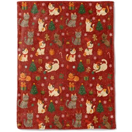 ainori Cat Christmas Decorative Throw Blanket, Kitten Tree Gingerbread Snowflake Print Decoration, Soft Flannel Winter Blankets for Couch Bed Sofa, Holiday Home Decor, Xmas Festival Gifts 50x60 Inch
