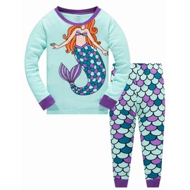 Popshion Girls Mermaid Pajamas Two Piece 100% Cotton Long Sleeve PJs Toddler Girl Sleepwear Mermaid Shirts 7t/6149