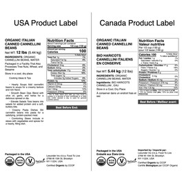 Food to Live Organic Italian Canned Cannellini Beans, 14 oz (Pack of 12) - Unsalted Non-GMO White Kidney Beans. Good Source of Fiber and Protein