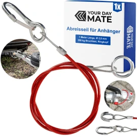 Trailer Breakaway Rope, 1 Set 1 Metre x Diameter 2.5 mm Steel Cable with Carabiner and Double Ring, 250 kg Breaking Load, in Red, for All Types of Braked Trailers and Caravans, Coated Catch Rope AHK