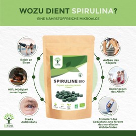 Organic Spirulina - BCAA Iron Vitamin A 65% Protein 17% Phycocyanin - Pure and No Additives - Dietary Supplement - 500mg/Tablet - EU Packed - Organic Certification - 600 Tablets