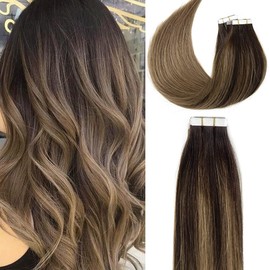 Lacerhair Natural Tape in Hair Extensions Human Hair Invisible Balayage Color Darkest Brown Fading to Chestnut Brown B#2/6 Remy Human Hair Tape in Extensions 18 Inch 50 Gram