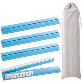 4PCS Wooden Scalloped Mahjong Racks with Magnetic Pushers, Natural Wood American Mahjong Tile Rack Set of 4, Modern Table Game Accessories for Mahjong Tiles（Blue,17.5