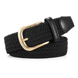 JasGood Women's Stretch Belt, Braided Belt, Women's Elastic Fabric Belt, Braided Stretch Belt, Stretchy Belt, Black with gold buckle