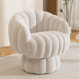 Mid Century Modern 360 Degree Barrel Swivel Accent Sofa Chair,Fluffy Velvet Fabric Lounge Wide Upholstered Pumpkin Reading Chair, Round Cloud Armchair for Living Room,Bedroom,Vanity(Beige)