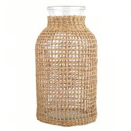 DOITOOL Glass Flower Vase with Rattan Cover, Round Decorative Flower Vase Woven Seagrass Vase Farmhouse Vase Floral Container for Floral Arrangement Table Centerpiece Decor (Size S)