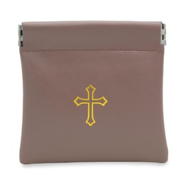 Squeeze Top Rosary Pouch Brown Faux Leather with Cross Imprint