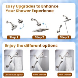 BRIGHT SHOWERS Rain Shower Head with Handheld Spray, 8 Inch Rainfall Shower Head Combo with 60" Hose, Adjustable Dual Square Showerhead Set with 3-Way Diverter, Wall Bracket, Brushed Nickel