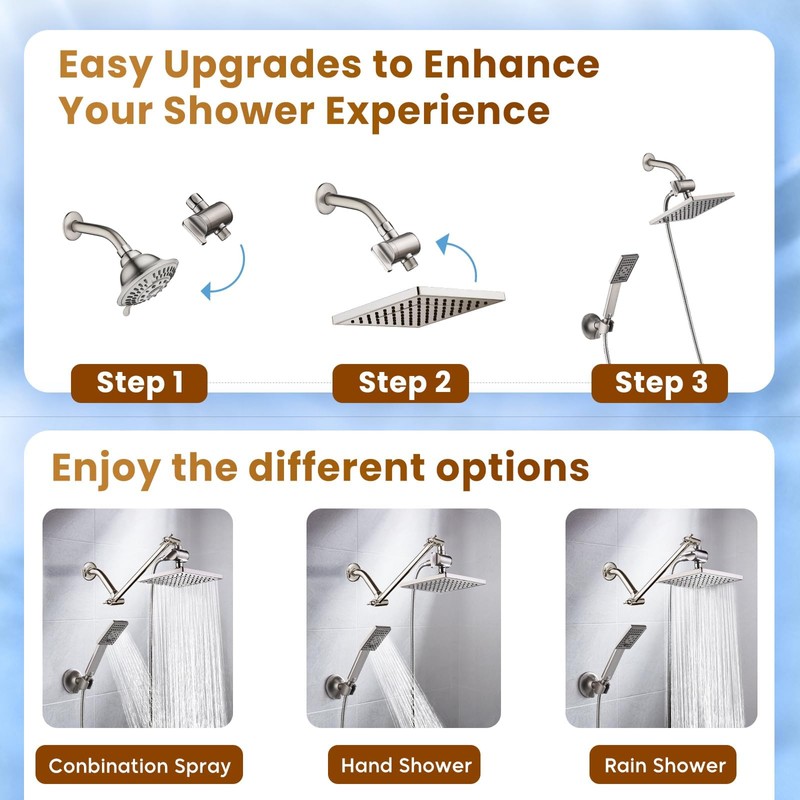 BRIGHT SHOWERS Rain Shower Head with Handheld Spray, 8 Inch