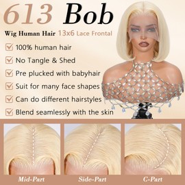 Blonde Bob Wig Human Hair 180 Density 12 Inch Straight 613 Bob Wig Human Hair 13x6 HD Lace Frontal Wigs, 100% Real Human Hair 613 Glueless Wigs Pre Plucked With Baby Hair Natural Look For Beginners