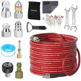 NIFUAL Pressure Washer Cleaning Kit Sewer Jetter Kit for 1/4 Inch NPT Corner Max Working Pressure Drain Cleaner Hose 5800 PSI Durable Sewer Blasting Hose 5 Sewer Blasting Nozzles… (100FT)
