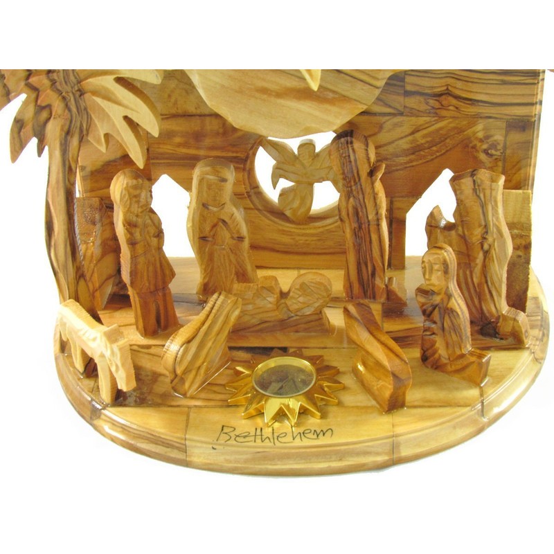 Olive Wood Rotating Star Musical Nativity Scene - Plays Silent