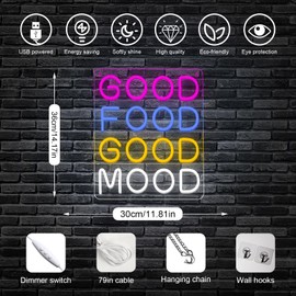 Horseneon Good Food Good Mood Neon LED Sign, Food Neon Signs for Wall Decor, Good Food Good Mood Neon Light with USB Powered for Snack Shop, Restaurant, Fast Food