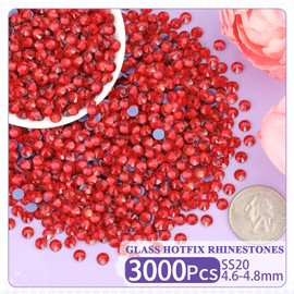 3000Pcs Hotfix Rhinestones for Clothing, Light Siam SS20 Iron On Flatback Glass Gems, Bedazzler Crystals Rhinestones for Crafting Clothes Hats Shoes Fabric Bedazzling Decor Nail Art
