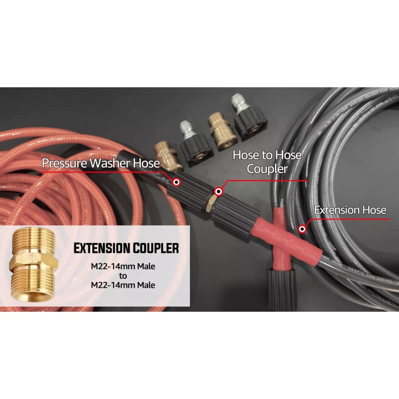 YAMATIC Flexible Durable Pressure Washer Hose 1/4" M22-14mm Quick Connectors